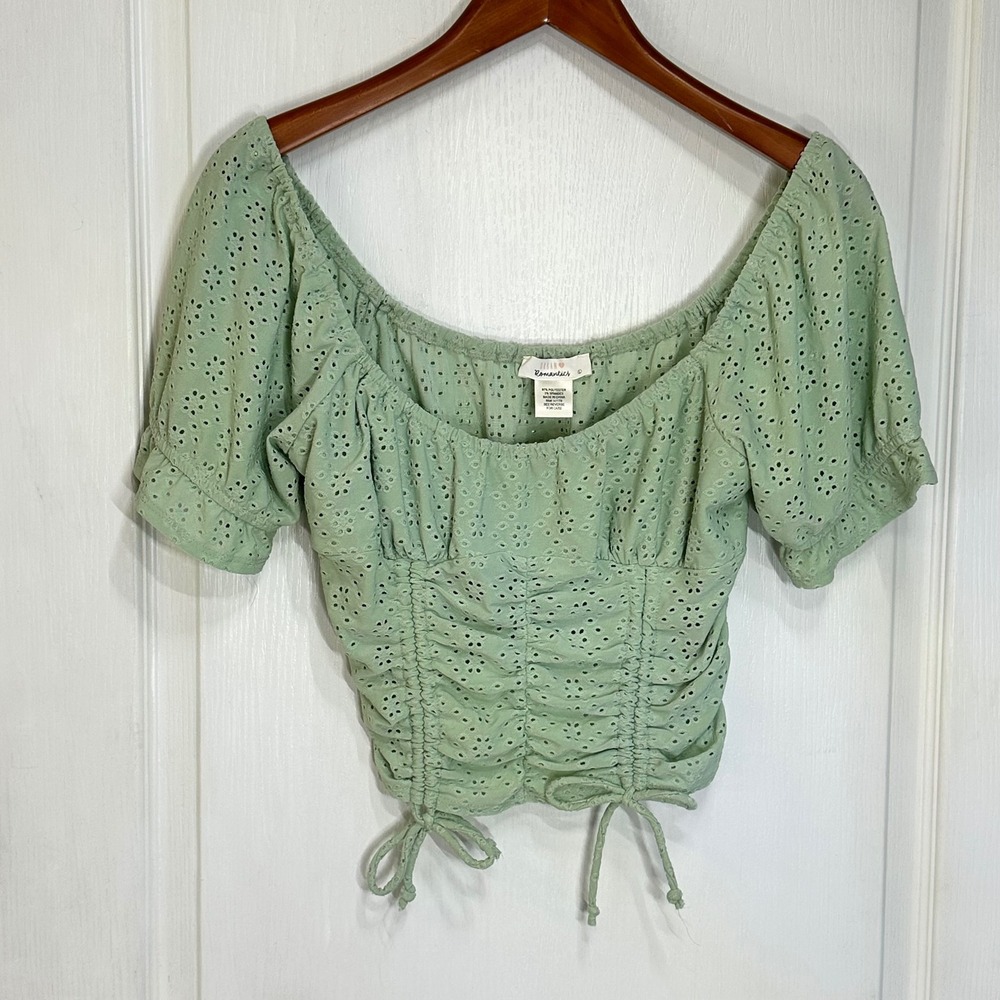 Urban Romantics Sage Green Eyelet Ruched Milkmaid Crop Top Smocked Back Large - Picture 7 of 7
